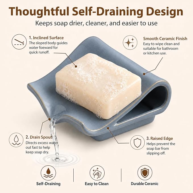 Zoeeker Self-Draining Soap Dish, Ceramic Soap Holder with Drain Spout | Bar Soap Saver Waterfall Design Drying Tray for Shower Bathroom Kitchen Bathtub, Sink Organizer Tray, Extends Soap Life, Blue