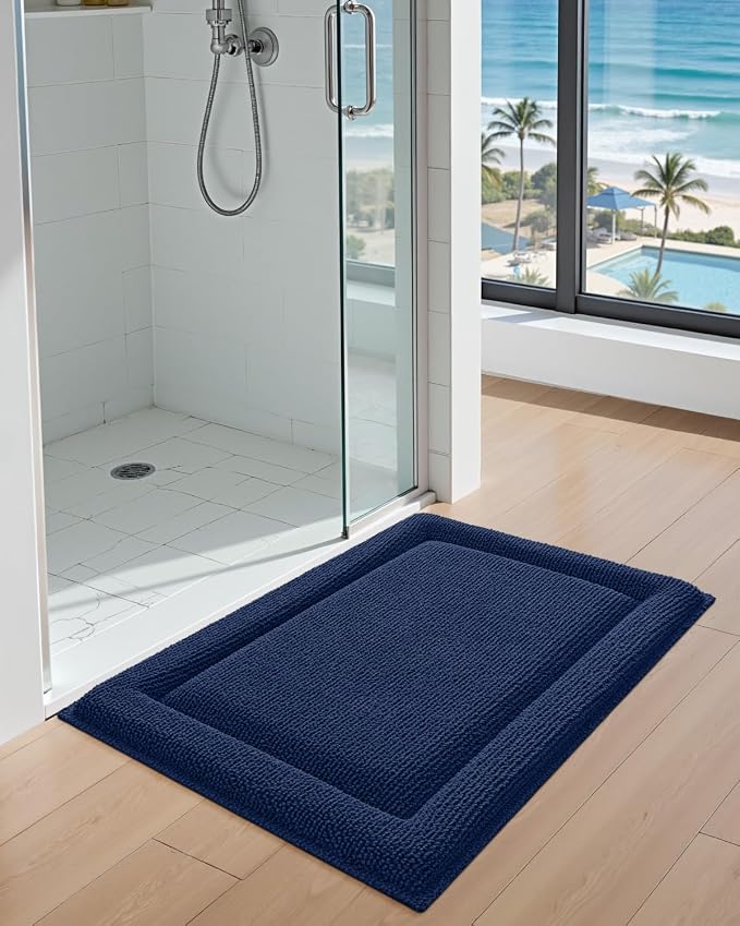 DEXI Memory Foam Bath Mat 32x20, Thick Chenille Bathroom Rug, Navy | Ultra Soft Absorbent, Non Slip Quick Dry, Cushion Plush Bath Carpet for Tub Shower, Sink