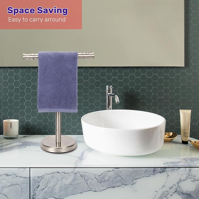 Hand Towel Holder Stand for Bathroom Vanity Countertop SUS304 Stainless Steel T-Shape Free Standing Towel Rack Stand Towel Bar for Bathroom Kitchen (Brushed Nickel)