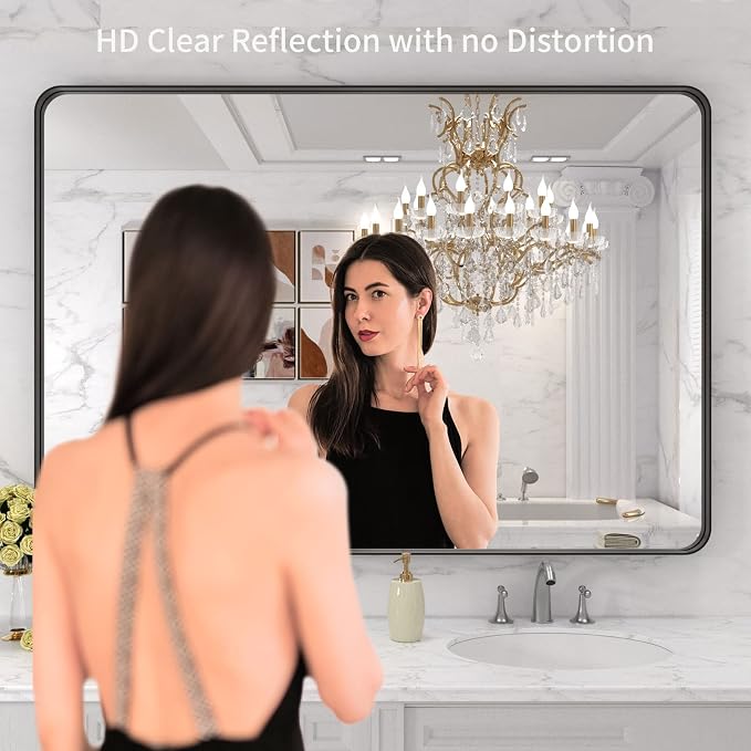 LOAAO 48X32 Inch Black Metal Framed Bathroom Mirror for Wall, Matte Black Bathroom Vanity Mirror Farmhouse, Large Rounded Rectangle Mirror, Anti-Rust, Tempered Glass, Hangs Horizontally or Vertically | Matte Black, Rounded Rectangle, Anti-Rust, Tempere...