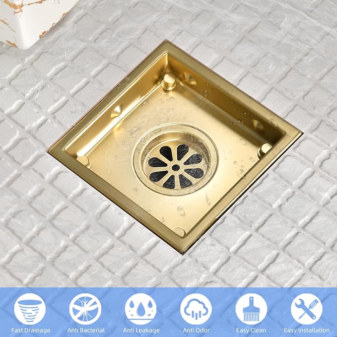 4-Inch Square Shower Drain, Brushed Gold Floor Drain with Flange, 304 Stainless Steel Bathroom 2-in-1 Tile Drain
