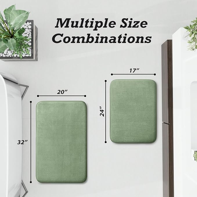 Bathroom Rugs Sets 2 Piece, Non-Slip & Quick Dry Bath Mat Set, Ultra Soft Velvet Bath Rugs for Bathroom, Toilet and Shower Floor, Grey Green