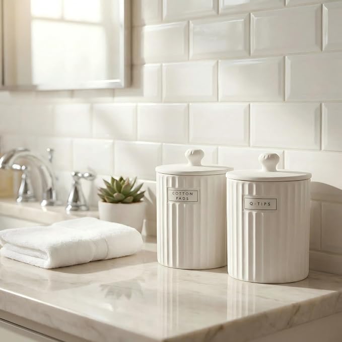 Ronasip White Ceramic Bathroom Organizer and Storage Jars with Lid, 2 Pack Qtip Holder and Cotton Pad Dispenser, Apothecary Canisters for Vanity, Kitchen Countertop, Home Decor