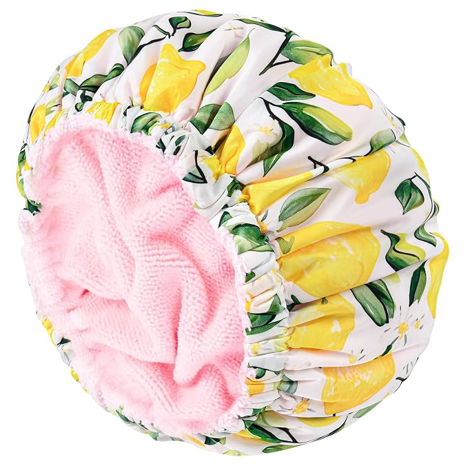 Shower Cap for Women Terry Lined Bath Cap Large Reusable Waterproof Elastic Lemon Shower Caps for Long Thick Hair Soft Bath Shower Hair Caps