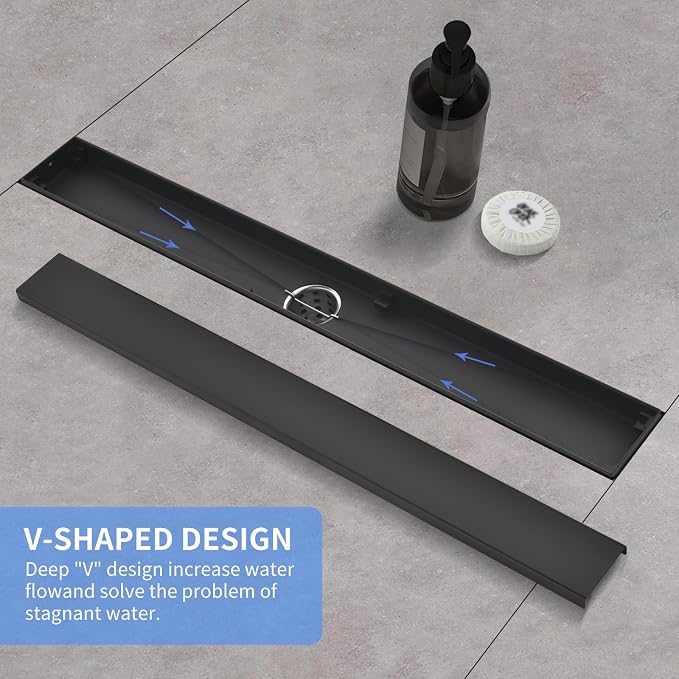 Linear Shower Drain ，with Tile Insert Panels ，48 Inch Black 304 Stainless Steel Rectangle Shower Floor Drain，with Hair Catcher, Adjustable Feet，Fits Bathroom, Balcony