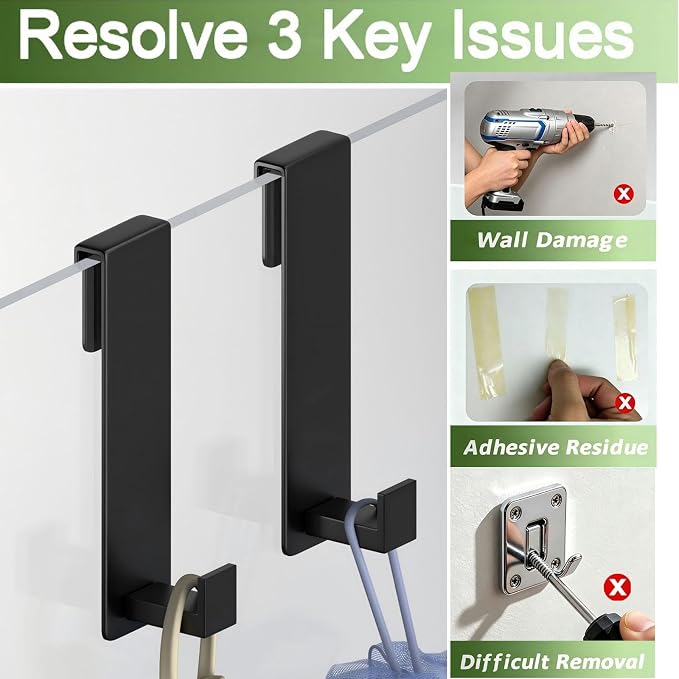 Shower Door Hooks, Heavy Duty Rack Hooks for Robe, Stainless Steel Towel Hooks for Bathroom, Fits Frameless Glass Shower Doors up to 3/8" (10mm) Thick (Black, 2 Pack)