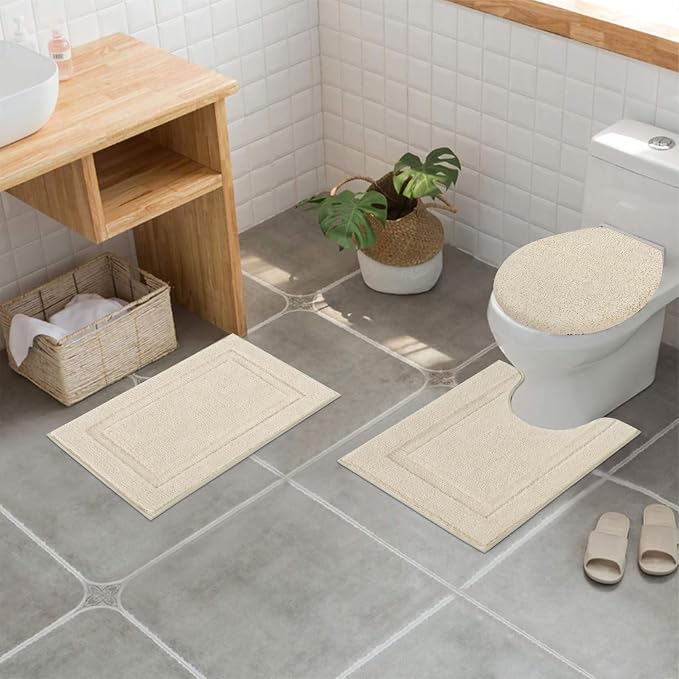 SHACOS Microfiber Bathroom Rugs Set of 3 with Toilet Lid Cover Non Slip | Washable Bath Mat Absorbent Bathroom Carpet 16"x24"+U Shape Toilet Rug 20"x24"+Toilet Lid Cover 19"x21", Light Beige