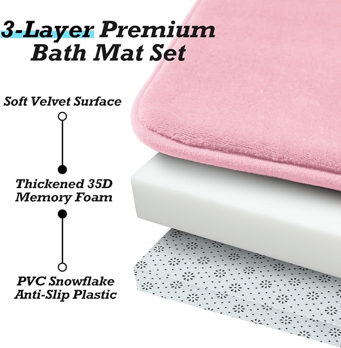 Bathroom Rugs Sets 2 Piece, Non-Slip & Quick Dry Bath Mat Set, Ultra Soft Velvet Bath Rugs for Bathroom, Toilet and Shower Floor, Rose Pink