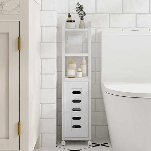 Hzuaneri Bathroom Storage Cabinet - Toilet Paper Storage Cabinet, Small Toilet Paper Holder with 4 Wheels, Bathroom Organizer with Adjustable Shelf, for Small Spaces, White BC04613W