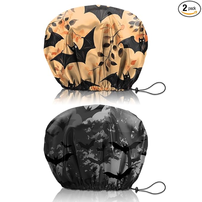 2 PCS Shower Cap Reusable Waterproof Double Layers Hair Caps Shower Bath Adjustable Elastic Hat for Women Girls Cute Aesthetic-Bat