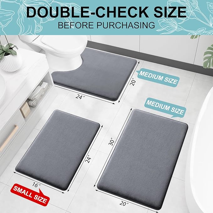 Smiry Memory Foam Bath Mat 30x20, Extra Soft and Absorbent Bathroom Rugs | Dark Grey, Quick Dry Machine Washable Non-Slip Bath Mat for Bathroom Floor, Shower and Tub