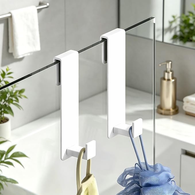Extended Shower Door Hooks (7.5 Inch), Over Door Hooks for Bathroom, Heavy Duty Stainless Steel Towel Hooks for Frameless Glass Shower Doors, Shower Hooks for Robe (White, 2-Pack)