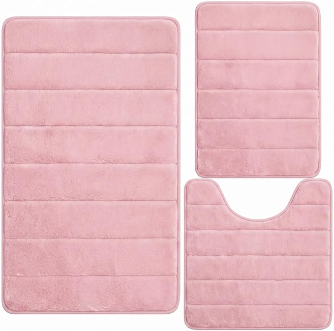 Bathroom Rugs Set 3 Piece, Memory Foam Bath Rugs, Non Slip Washable Bathroom Rug Set, Extra Soft Absorbent Bath Mats with U-Shaped Toilet Rug, Pink