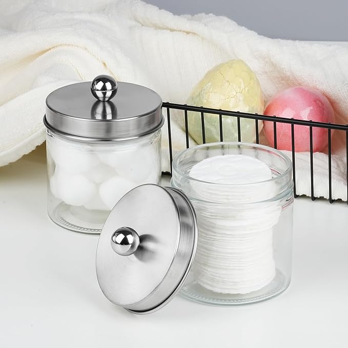 SheeChung Glass Mason Jar Qtip Holder Dispenser, Brushed Nickel Lids,2 Pack | Clear Apothecary Jar,Stainless Steel Lids,Small Bathroom Jars Canisters,Vanity Storage Organizer for Cotton Swabs,Balls,Floss