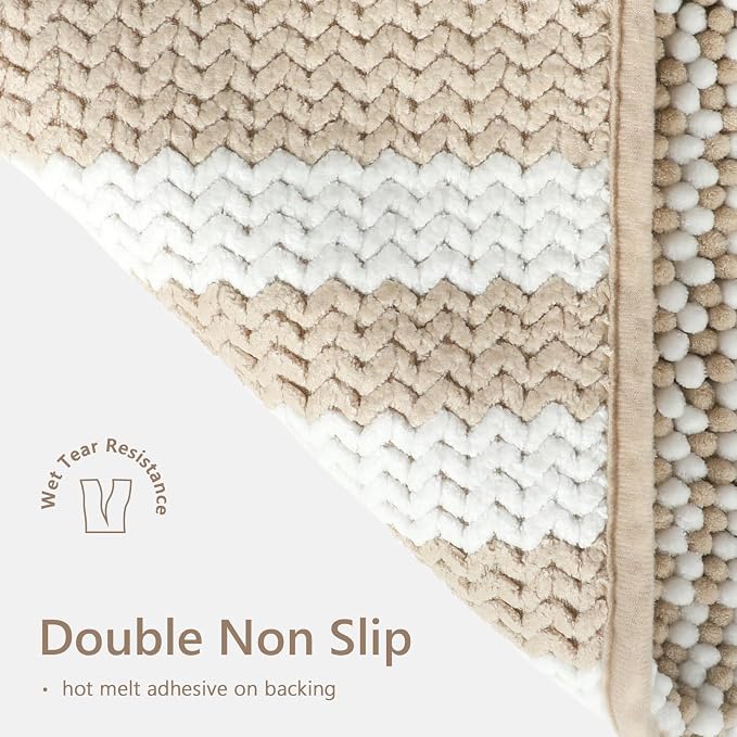 BSICPRO Bathroom Rugs Sets 2 Piece, Non Slip Striped Bath Mats, Khaki | 20"x32" Plus 16"x24"，Soft Absorbent Chenille, Quick Dry Machine Washable, Shower Rug for Bathroom Floor, Tub, Bedroom Decor