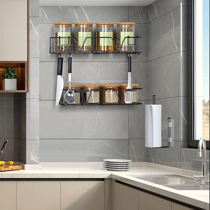 Shower Caddy Organizer Shelf with Paper Towel Holder, Adhesive Black Bathroom Storage Basket with Hooks, Rustproof Stainless Steel Kitchen Spice Racks, No Drilling Wall Mount, 3 Pack