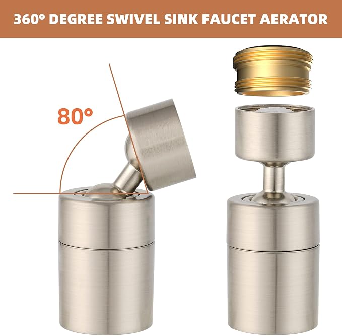 Hibbent Faucet Aerator, 360 Degree Kitchen Sink Faucet Aerator, Dual-function Swivel Big Angle Kitchen Faucet Attachment, Faucet Replacement Part, Brushed Nickel