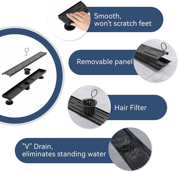 ELLO&ALLO 32 Inch Matte Black Linear Shower Drain, SUS304 Stainless Steel Rectangle Shower Floor Drain with Removable Pattern Grate