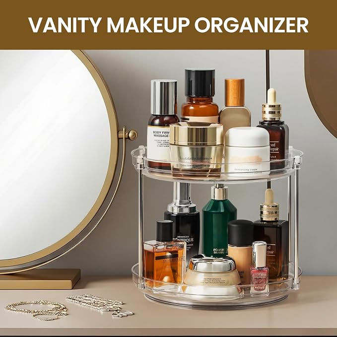 2 Set 2 Tier Non-Skid Acrylic Lazy Susan Organizer - Rotating Spice Rack - Turntable Spinning Organization for Kitchen, Pantry, Countertop, Closet, Bathroom, Vanity, Medicine Cabinet Organizing, 10''