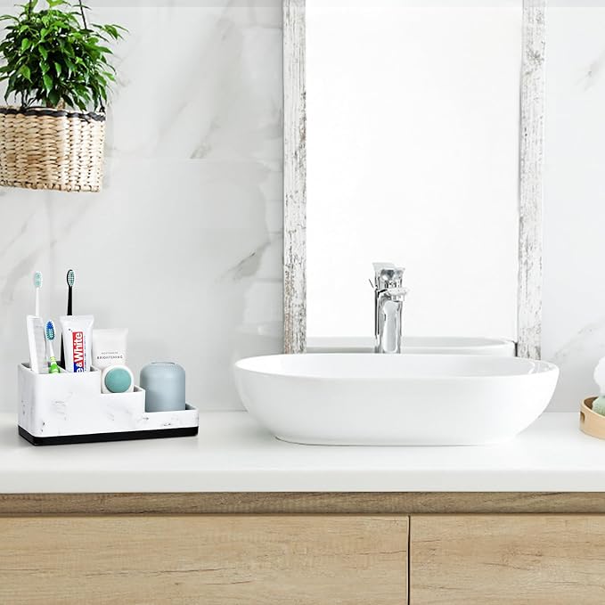 VITVITI Toothbrush Holder for Bathroom, Bathroom Organizer Countertop, 5 Compartment Bathroom Accessories Storage for Toothpaste/Vanity Counter, White Resin of Marble Color