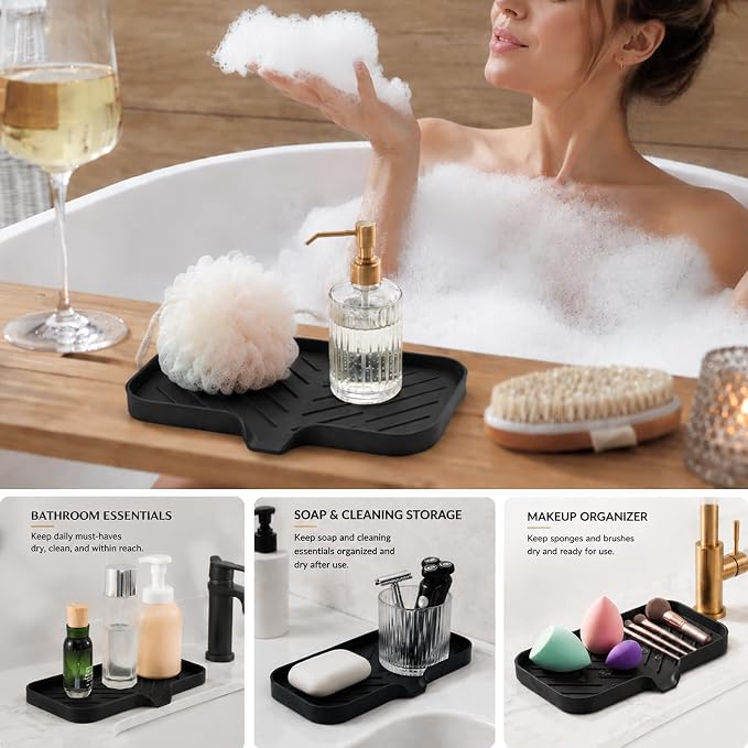 MicoYang Silicone Soap Dish with Drain Spout — Self-Draining Sink Organizer Tray for Bathroom & Kitchen, Sponges, Dispensers & Soap Holder, Non-Slip & Dishwasher Safe, Black (Medium, 9.6"×5.3")
