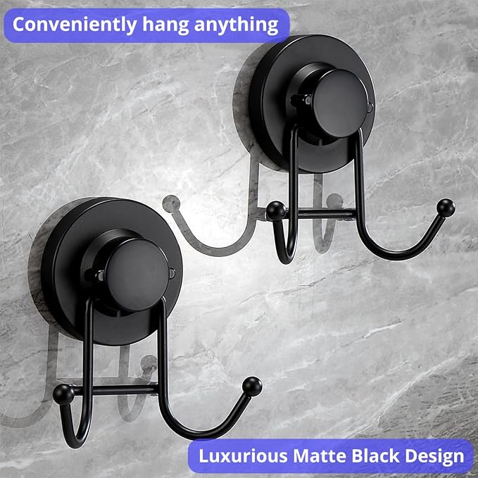 HOME SO Suction Cup Hooks for Shower & Bathroom Towel Holder 2-Pack – Suction Cups Hooks for Hanging Towels, Robes, & Coats - Tiles, Glass Door or Mirror – Shower and Towel Hooks - Black, Stainless
