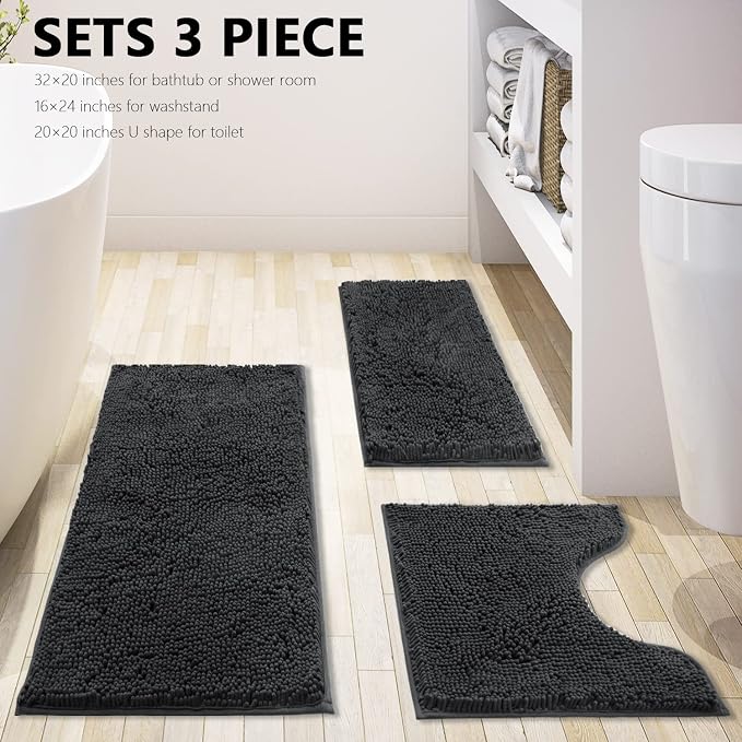 BOANKODU Bathroom Rugs Chenille Bath Mat Set 3-Piece Bath Rugs for Bathroom Extra Soft Bath Mats for Bathroom Non Slip Absorbent Shag Machine Washable, Strong PVC Underside (Grey)