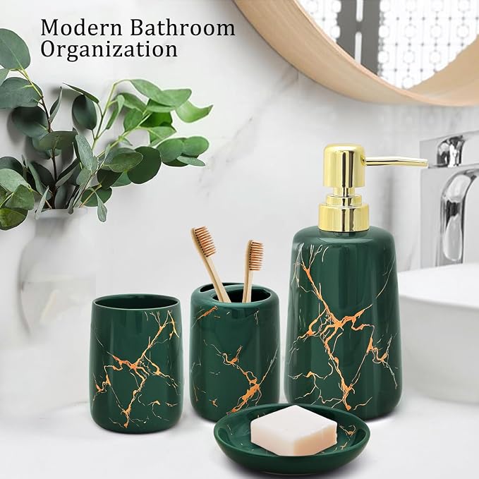 CERBIOR Bathroom Accessories Set,4 Pcs Ceramic Bathroom Accessory,Green | Includes Toothbrush Holder, Toothbrush Cup, Soap Dish for Decorative Countertop and Housewarming Gift