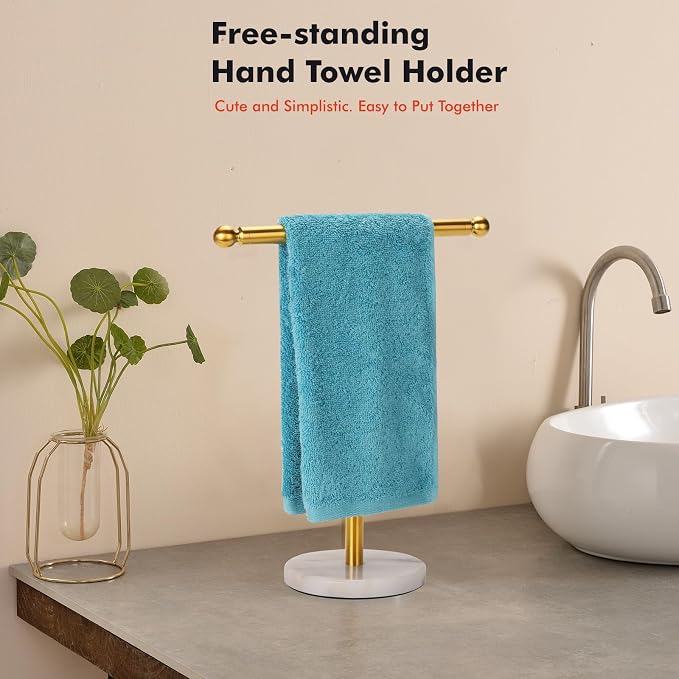 Kalitro Gold Towel Rack with Heavy Marble Base, Free Standing Hand Towel Holder Stand for Bathroom Stainless Steel T-Shape Brushed Gold