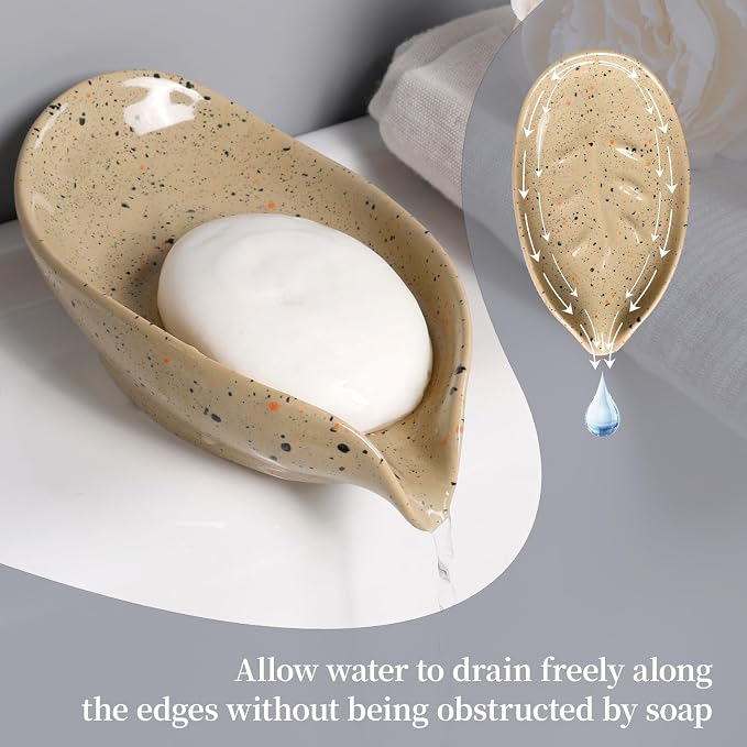 Soap Dish, Self Draining Soap Dishes 2PCS, Leaf Shape Ceramic Bar Soap Holder Drain Soap Dishes for Bathroom Sink Shower Kitchen, Easy to Clean Keeps Soap Dry, ANTIS'S HOME