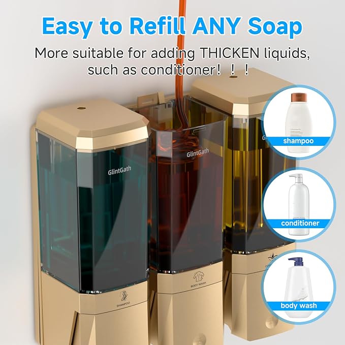 Shampoo and Conditioner Dispenser,Shower Dispenser 3 Chamber No Drill Shampoo Dispenser for Shower Wall Mounted Shower Soap Dispenser for Bathroom Hotel,Large Capacity 3 * 500ML,Gold
