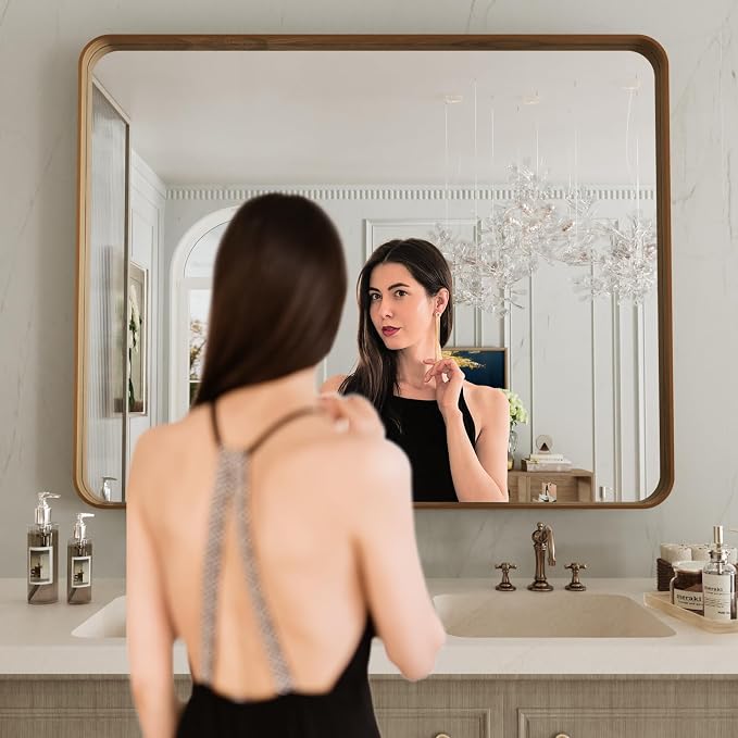 LOAAO 40X24 Inch Bathroom Mirror with Wood Grain Colored Metal Frame | Rounded Rectangle Metal Framed, Anti-Rust, Hangs Horizontally or Vertically