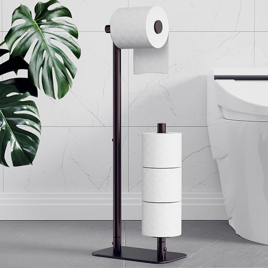 Kitsure Toilet Paper Holder Stand, Bathroom Storage, Medium, Brown | Large Capacity Toilet Paper Holder for 4 Rolls, Rustproof Toilet Paper Holder Free Standing, with Non-Slip Stable Base