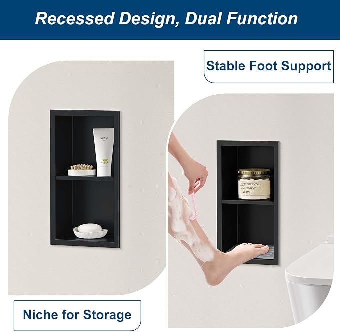 Neodrain Shower Foot Rest for Shaving Legs, 304 Stainless Steel Shower Niche, Recessed Shower Step for Shaving Legs,Niche for Shower Wall, Bathroom Foot Rest (Matte Black, 12.3"x 6")