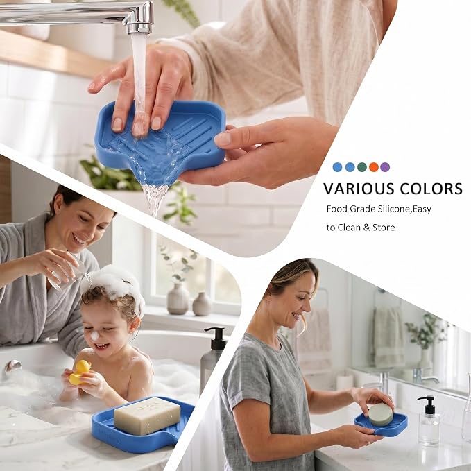 MicoYang Silicone Soap Dish with Drain Spout, Self-Draining Sink Organizer Tray for Bathroom & Kitchen, Sponges, Dispensers & Soap Holder, Non-Slip and Dishwasher Safe, Light Blue (Compact, 4.9"×3.2")