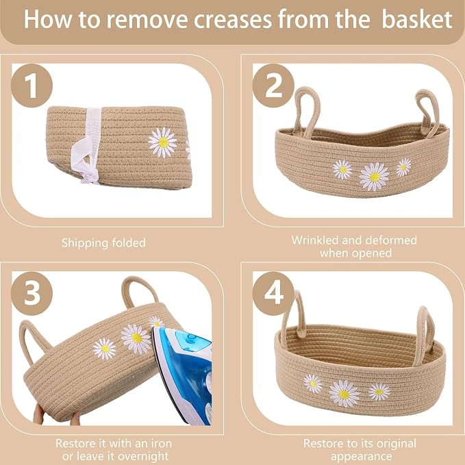 Vesici Daisy Toilet Paper Basket Boho Woven Cotton Rope Bathroom Countertop Organizer with Handle Beige Bathroom Storage Decor for Toilet Closet Bedroom Nursery Toys Organizing, 13 x 6 x 4 Inch