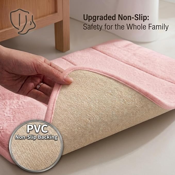 U-Shaped Toilet Bath Mat Set 2 Piece - Super Soft Absorbent Quick Dry Memory Foam Bathroom Rugs, Machine Washable Non Slip Floor Carpet for Tub Shower & Single Sink 16x24 & 20x20,(Pink)