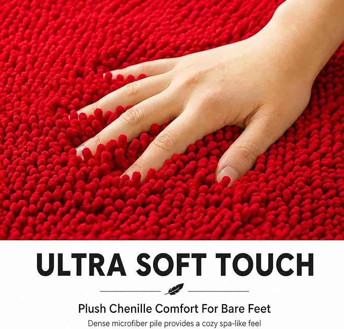 Bathroom Rugs Sets 2 Piece,Super Absorbent Soft,Thick,Machine Washable Chenille Bath Mat,Non Slip Toilet Floor Rug,Bath Mats for Bathroom,20x32 Plus 20x20 U Shape,Red
