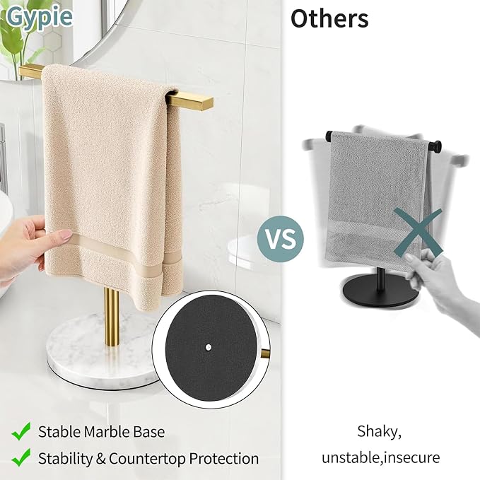 Gypie Gold Hand Towel Holder Stand T-Shape Countertop | Stainless Steel Towel Holder Marble Base, Towel Rack for Bathroom Kitchen Desktop