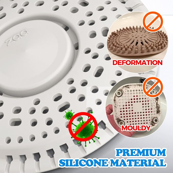 Shower Drain Hair Catcher Silicone Flat Floor Strainer Protector | 2 Pack White Weighted Flat Shower Drain Protectors, Traps Hair Before Clogs, Easy to Clean in Seconds, Fits Flat Floor Drains