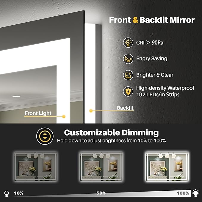 Briivue 40x24 Inch LED Bathroom Mirror with Lights, Backlit & Front Lit | Anti-fog, 3 Color Dimmable, Memory Function, HD Reflection Tempered Glass, ETL Listed, IP54 Waterproof