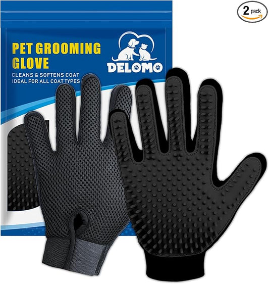 Pet Hair Removal Glove with 255 Silicone Tips for Dogs & Cats, 1 Pair Black | 2-in-1 Deshedding & Massage Mitt, 5-Finger Flexible Design, for Bathing & Grooming, Safe for Long/Short/Curly Hair Pets