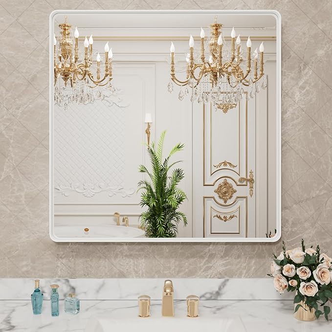 LOAAO 30x30 Inch White Metal Framed Bathroom Mirror for Wall | Rounded Rectangle Bathroom Vanity Mirror, Anti-Rust, Hangs Horizontally or Vertically
