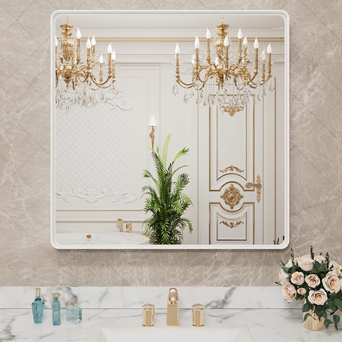 LOAAO 38x38 Inch White Metal Framed Bathroom Mirror | Rounded Rectangle, Anti-Rust, Tempered Glass, Hangs Horizontally or Vertically