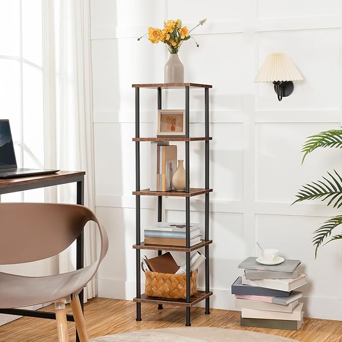 HOOBRO 5-Tier Corner Shelf Stand, Corner Square Rack Display Shelf, Tall Storage Plant Stand, Bookcase for Small Spaces, Living Room, Home Office, Kitchen, Rustic Brown and Black BF50CJ01