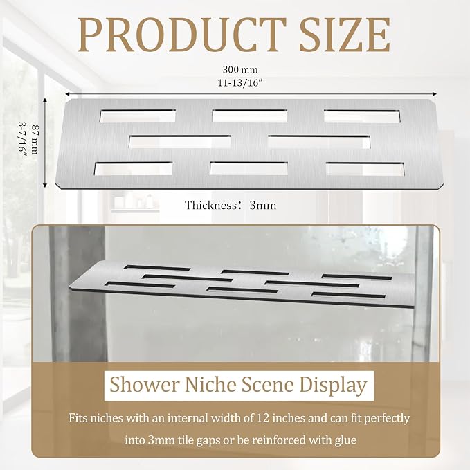 Rectangular Shelf for 12 Inch Tile Prefabricated Niches, Shower Niche Shelf with Brushed 316 Stainless Steel Finish, Fits 1/8 inch Grout Lines Shower Niche Insert