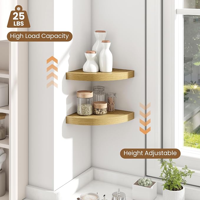 Fun Memories Floating Corner Shelves Set of 2 - Rustic Wood Wall Mounted Storage and Display Shelves for Living Room, Bedroom, Kitchen, Bathroom - Space Saving Home Decor, Oak