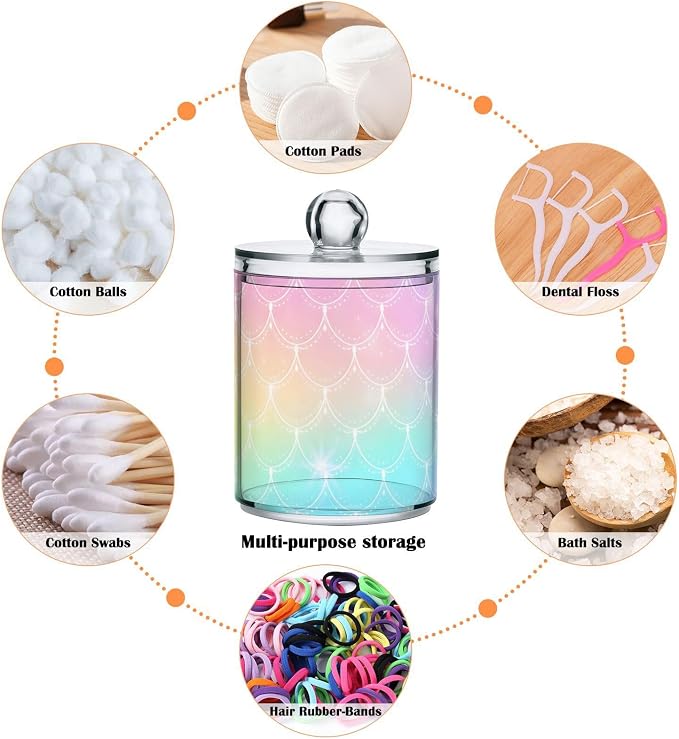 2 Pack Qtip Holder Dispenser for Cotton Ball Rainbow Scales Mermaid Cotton Swab Cotton Round Pads Clear Plastic Acrylic Jar Set Bathroom Canister