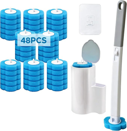 DRQ Disposable Toilet Brush and Holder Set, 1 Handle, 48 Refills | 1 handle, 1 holder, 48 pre-loaded refills, 15.7-inch extended handle, snap-on disposable heads, everyday bathroom cleaning