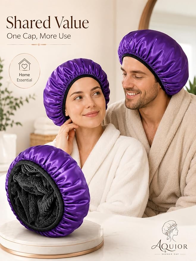 Aquior Shower Cap,Extra Large Triple Layer Bathing Cap with Dry Hair Function for Women Microfiber Terry Cloth Silky Satin 100% Waterproof Reusable Long Hair Bath Caps (Purple)